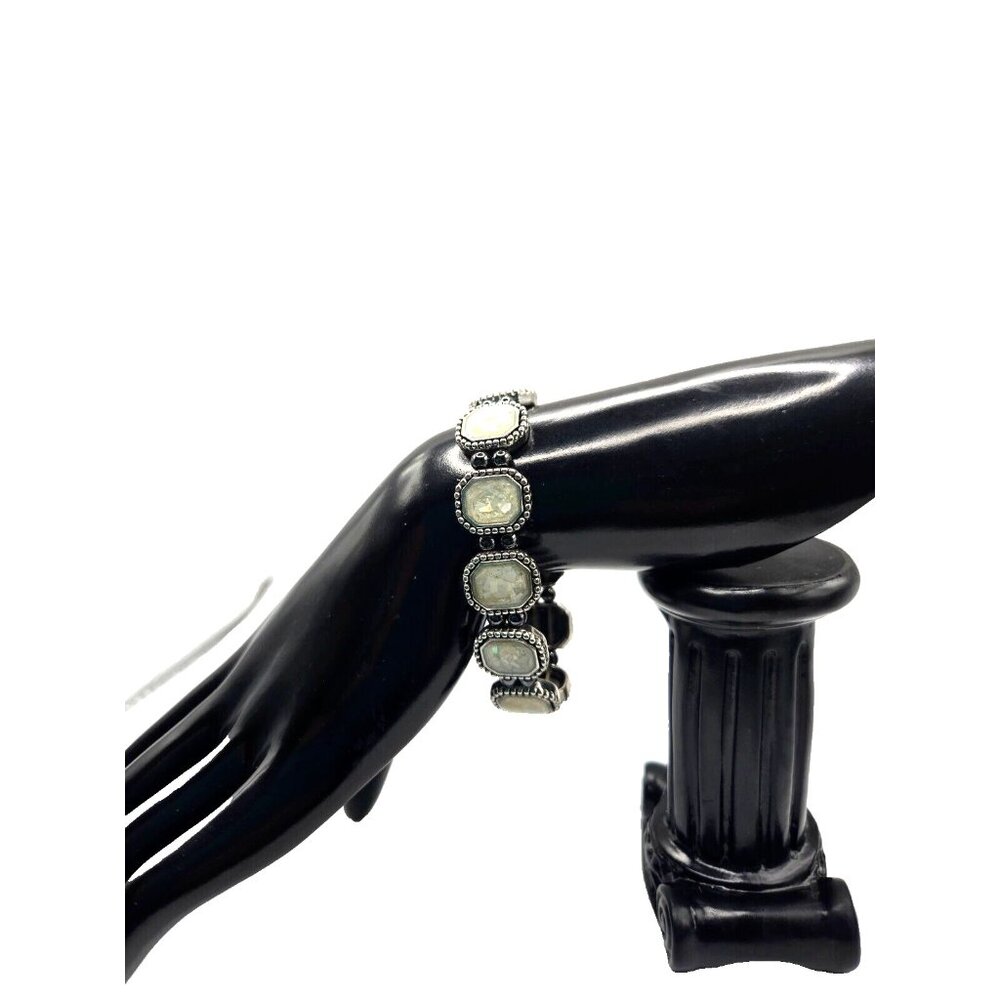 Gorgeous Stretch Rainbow Moonstone and Hematite Stone Bracelet Signed by Km